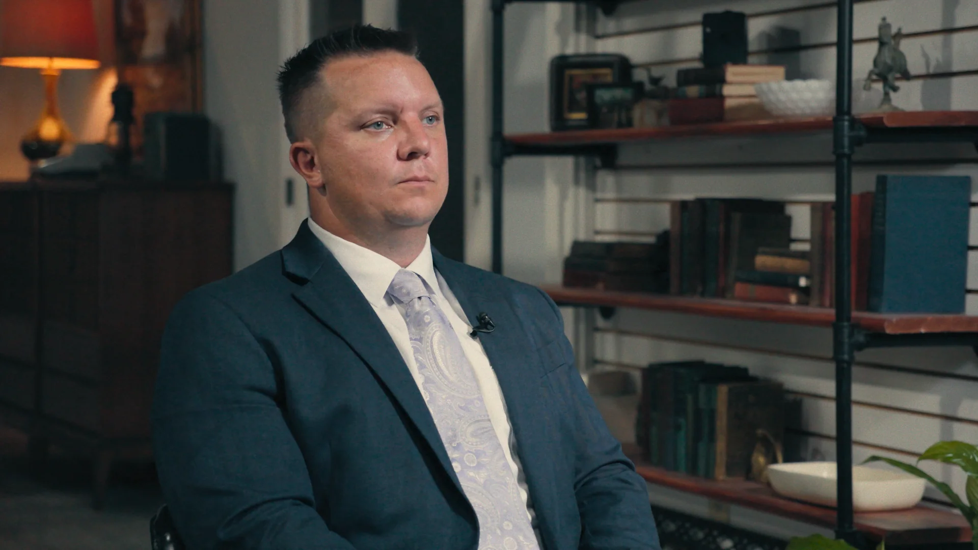Attorney seated for an on-camera law firm video interview