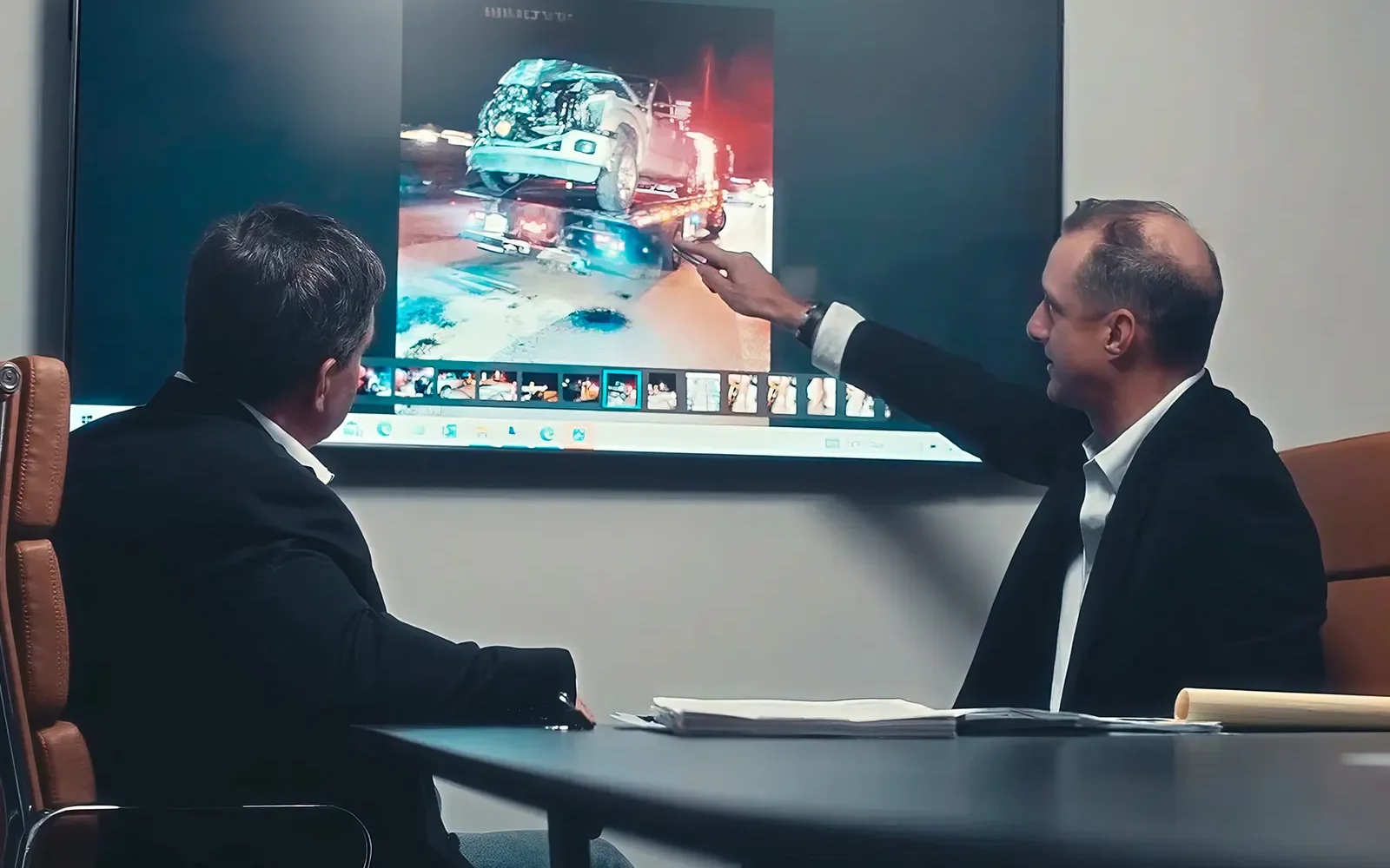 Attorneys reviewing case footage on a screen for a practice area video